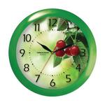 фото Часы настенные TROYKA 11120162, круг, белые с рисунком "Вишня", зеленая рамка, 29х29х3,5 см