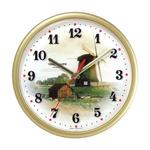 фото Часы настенные TROYKA 91971925, круг, белые с рисунком "Ветряная мельница", бежевая рамка, 23х23х4 см