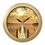 фото Часы настенные TROYKA 11171146, круг, с рисунком "Закат", золотая рамка, 29х29х3,5 см