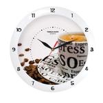 фото Часы настенные TROYKA 11110143, круг, белые с рисунком "Чашка кофе", белая рамка, 29х29х3,5 см